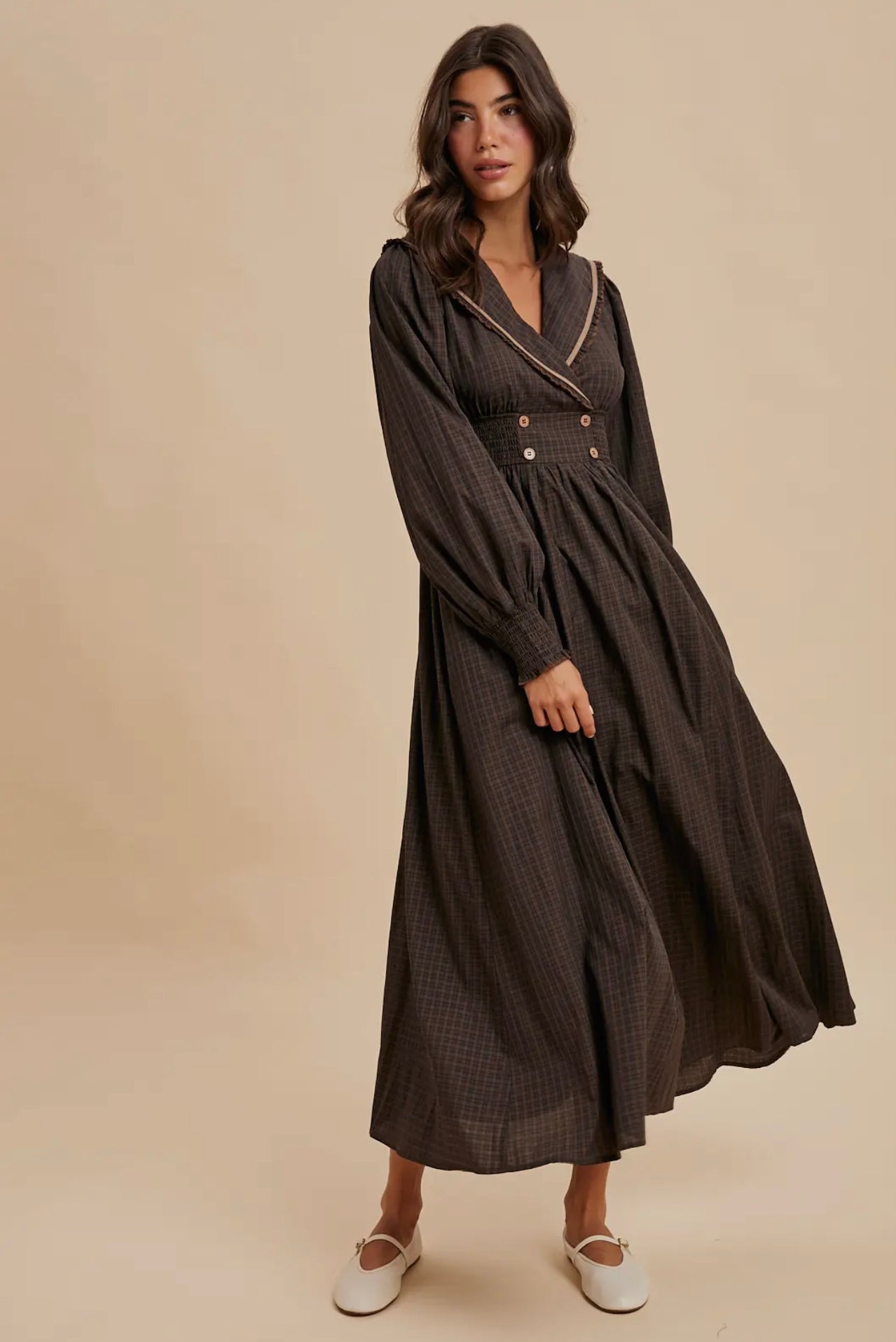 Statement Collar Surplice Plaid Maxi Dress