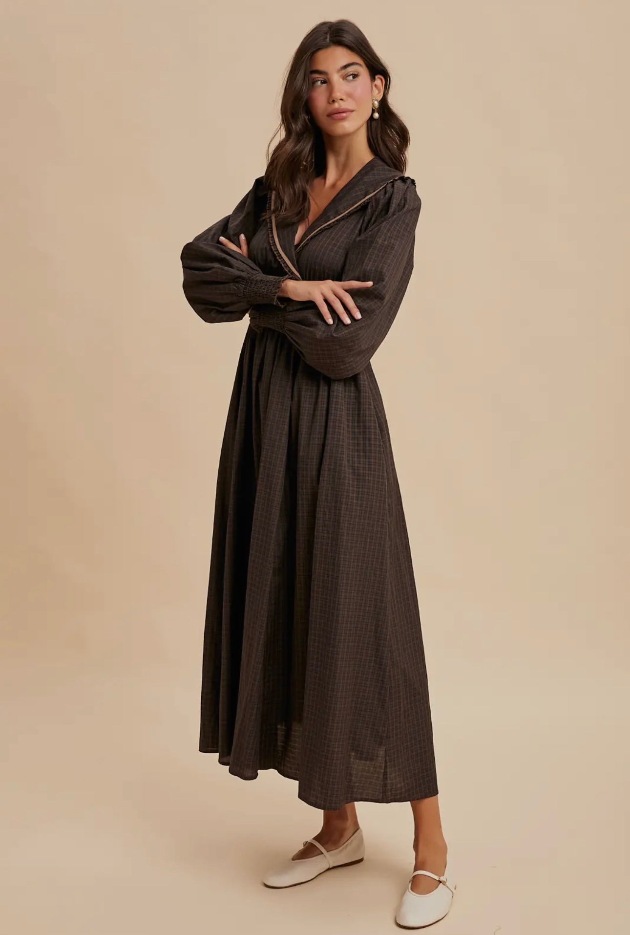 Statement Collar Surplice Plaid Maxi Dress