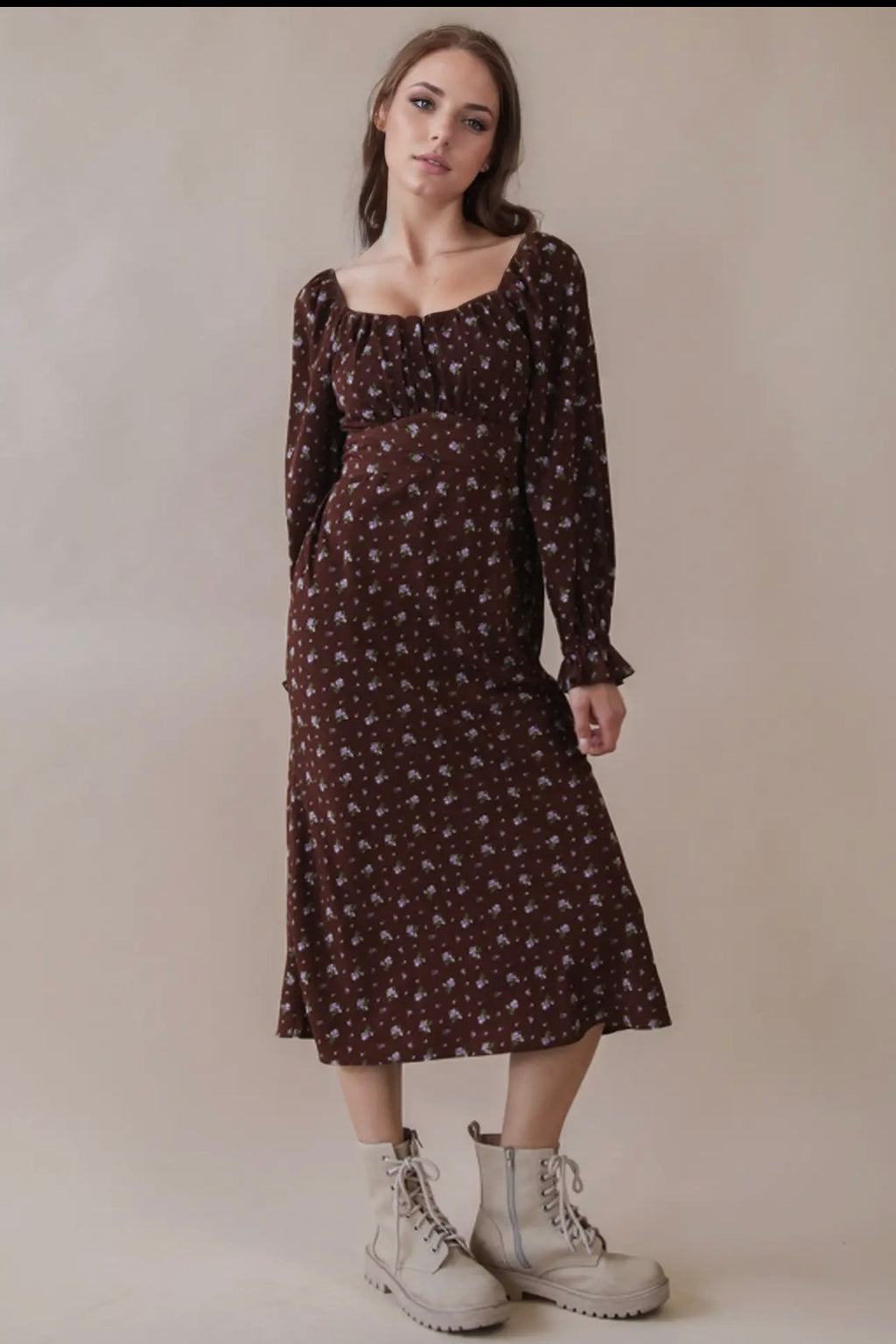 Brown Floral Back Tie Dress