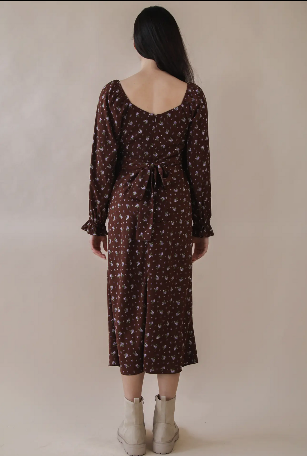 Brown Floral Back Tie Dress